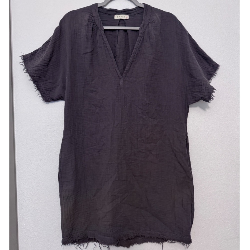 Stark X Cotton Gauze Tunic Dress Grey Boho Beach Coverup Mini‎ Pockets Small hh